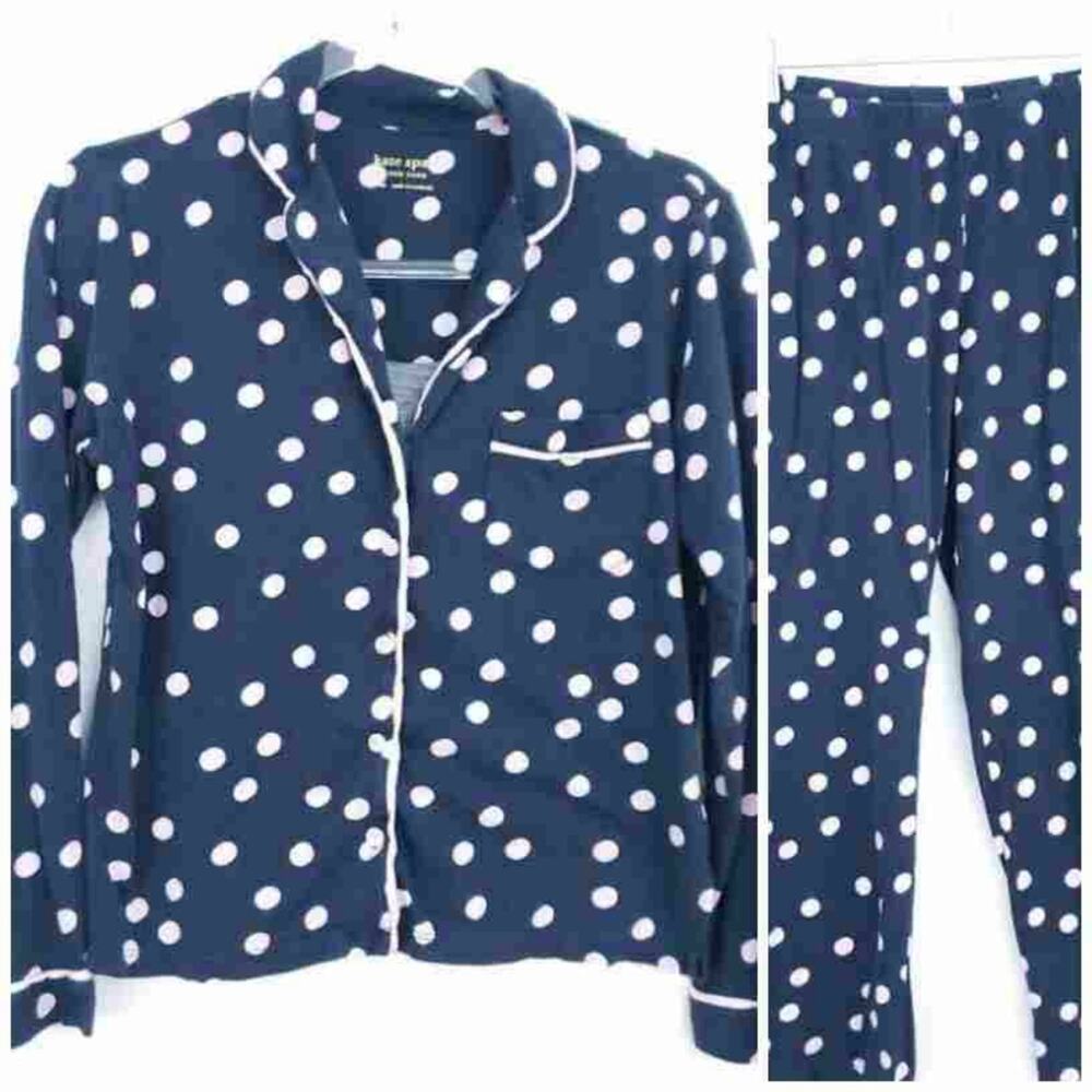 Kate Spade Pajama Polkadots Long Sleeve Shirt, Pants XS Gray, Pink White 2 Piece